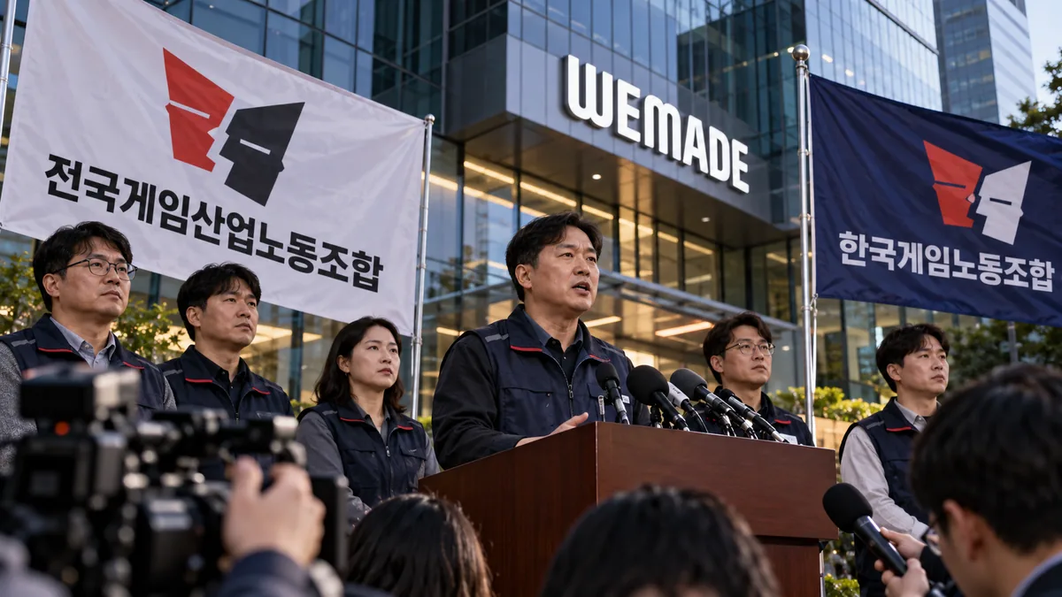 위메이드 사옥 앞에서 진행된 노조 출범 기자회견 장면
