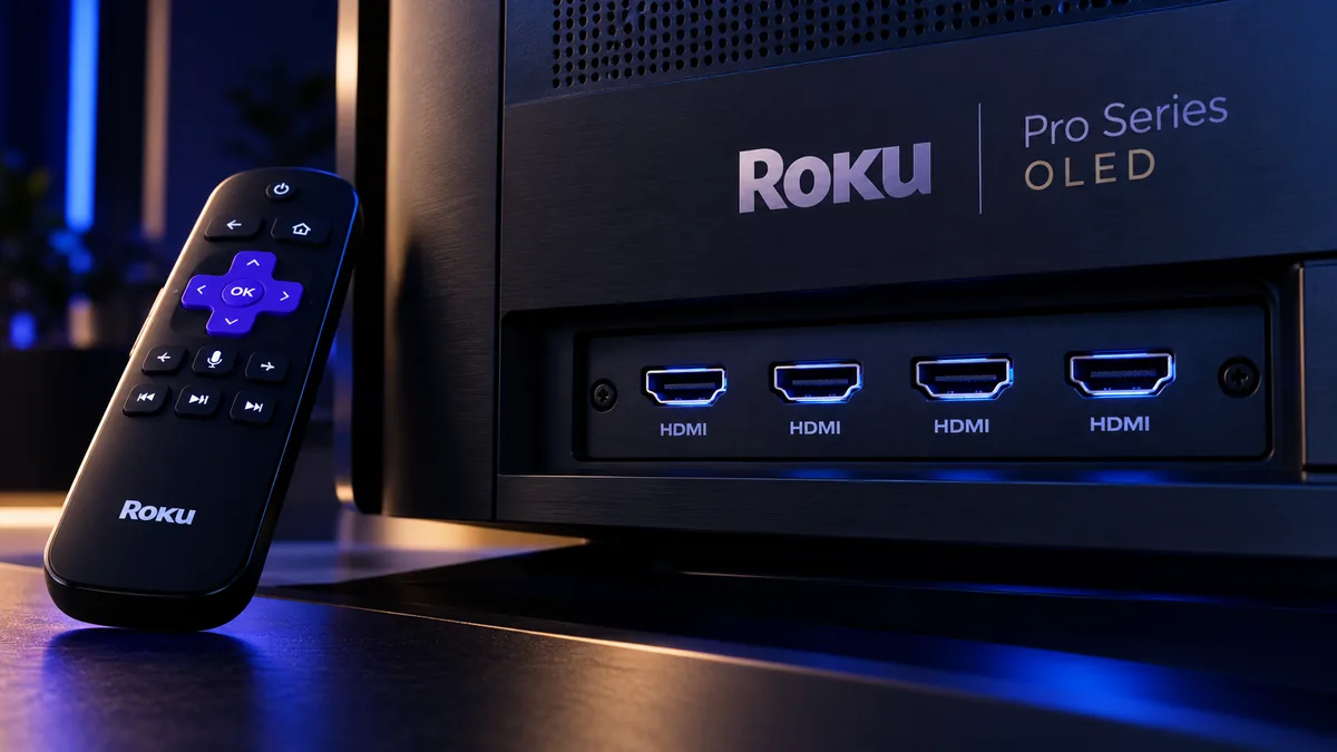 로쿠 OLED TV의 HDMI 포트와 리모컨이 보이는 뒷면 구성